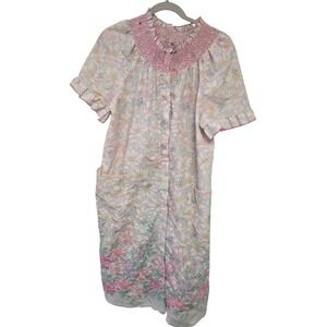 Vintage 70s Floral Smocked Neck  Button Front House Dress Duster Pockets Pink